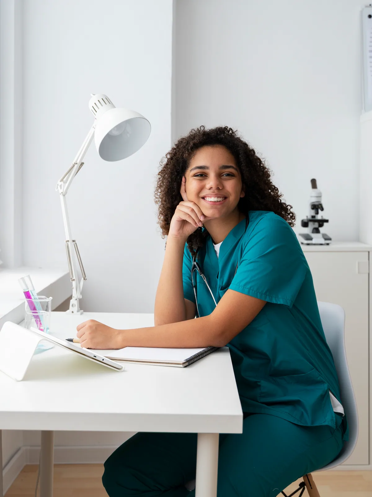 A nurse working at a desk in a clinic consulting room.