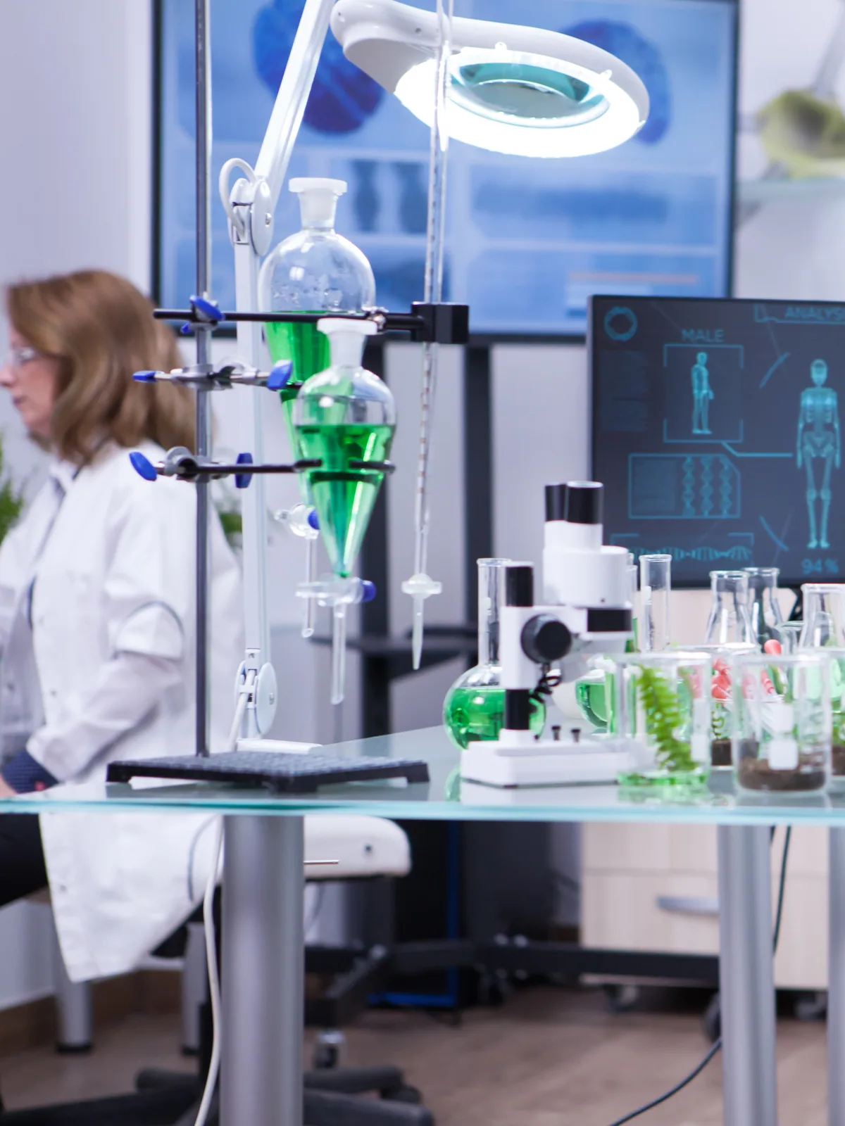 A scientist entering test data at a workstation in a laboratory.
